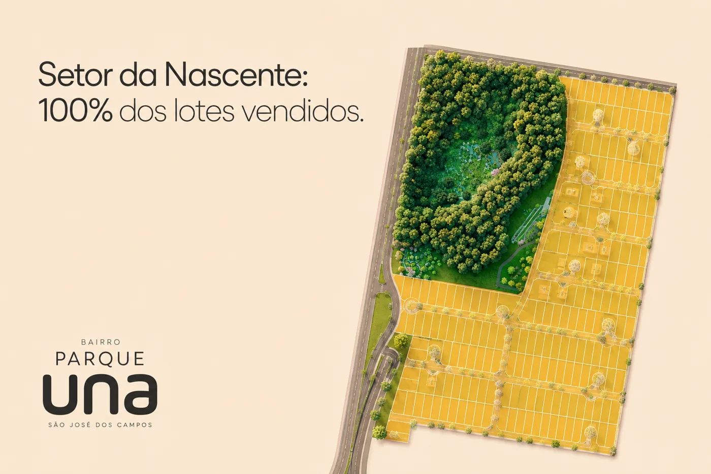 Mapa do Setor da Nascente do Bairro Parque Una com os lotes residenciais destacados em amarelo e a área verde preservada