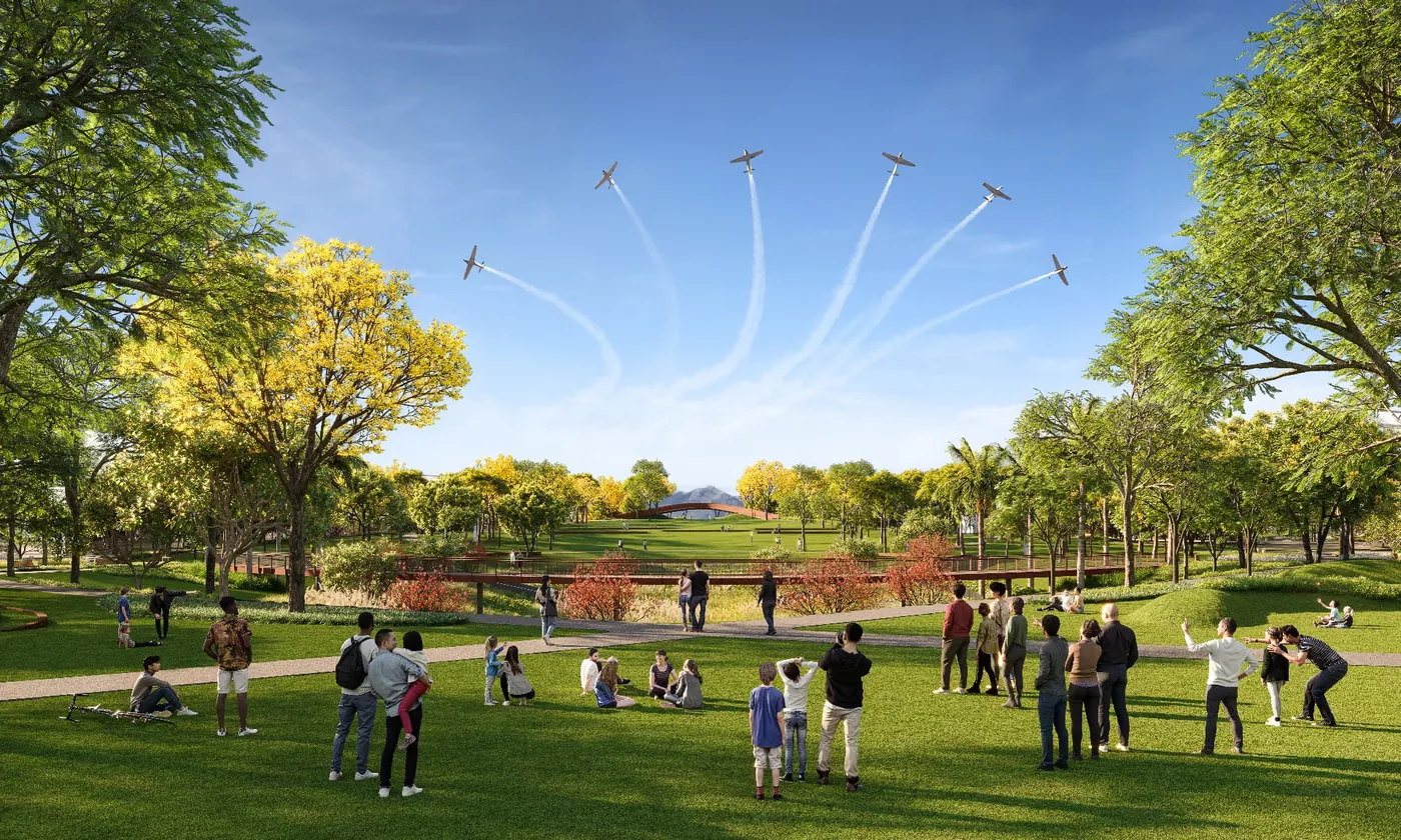 Parque central em dia de esquadrilha no céu de SJC