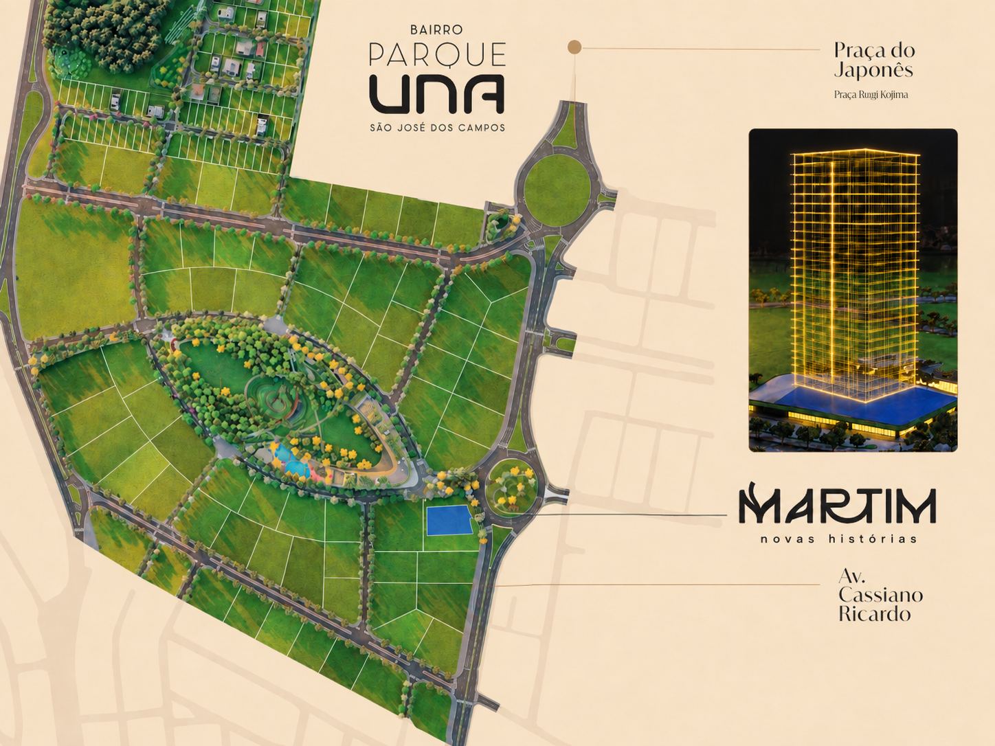 Mapa do Bairro Parque Una com a localização do Martim na Avenida Cassiano Ricardo e a maquete da torre em wireframe dourado