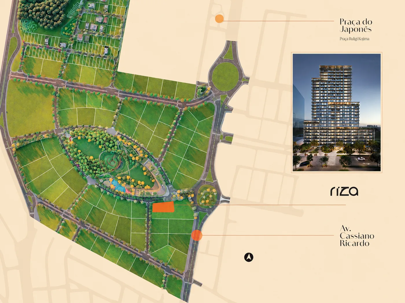 Mapa do Bairro Parque Una com a localização do Residencial Riza na Avenida Cassiano Ricardo, próximo à Praça do Japonês
