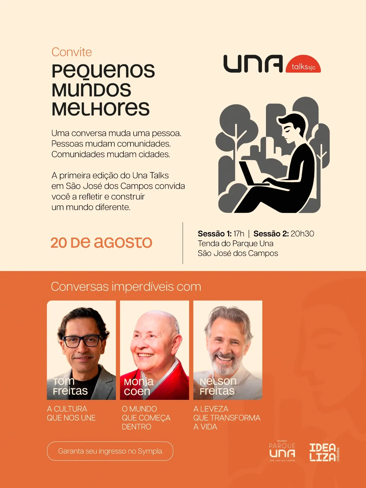 Cartaz oficial do Una Talks SJC — Pequenos Mundos Melhores, 20 de agosto na Tenda do Parque Una